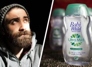 two-panel with bearded man on the left and bottle of baby oil on the right